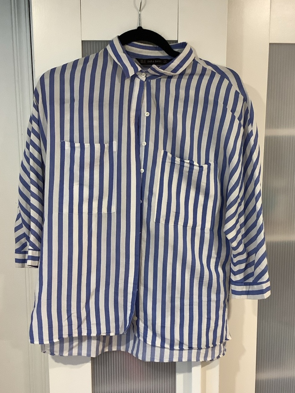 Zara Blue and White Vertical Stripe Casual Button-Down Shirt